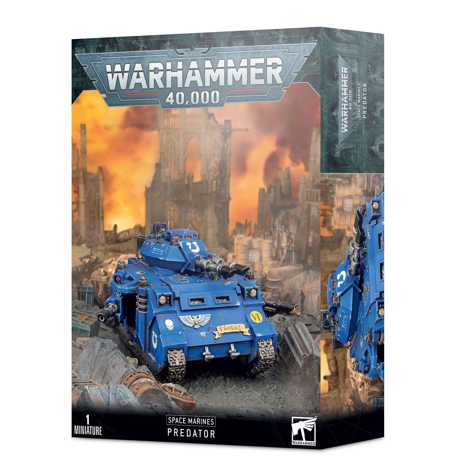 Warhammer 40000 Space Marines Predator model kit packaging.