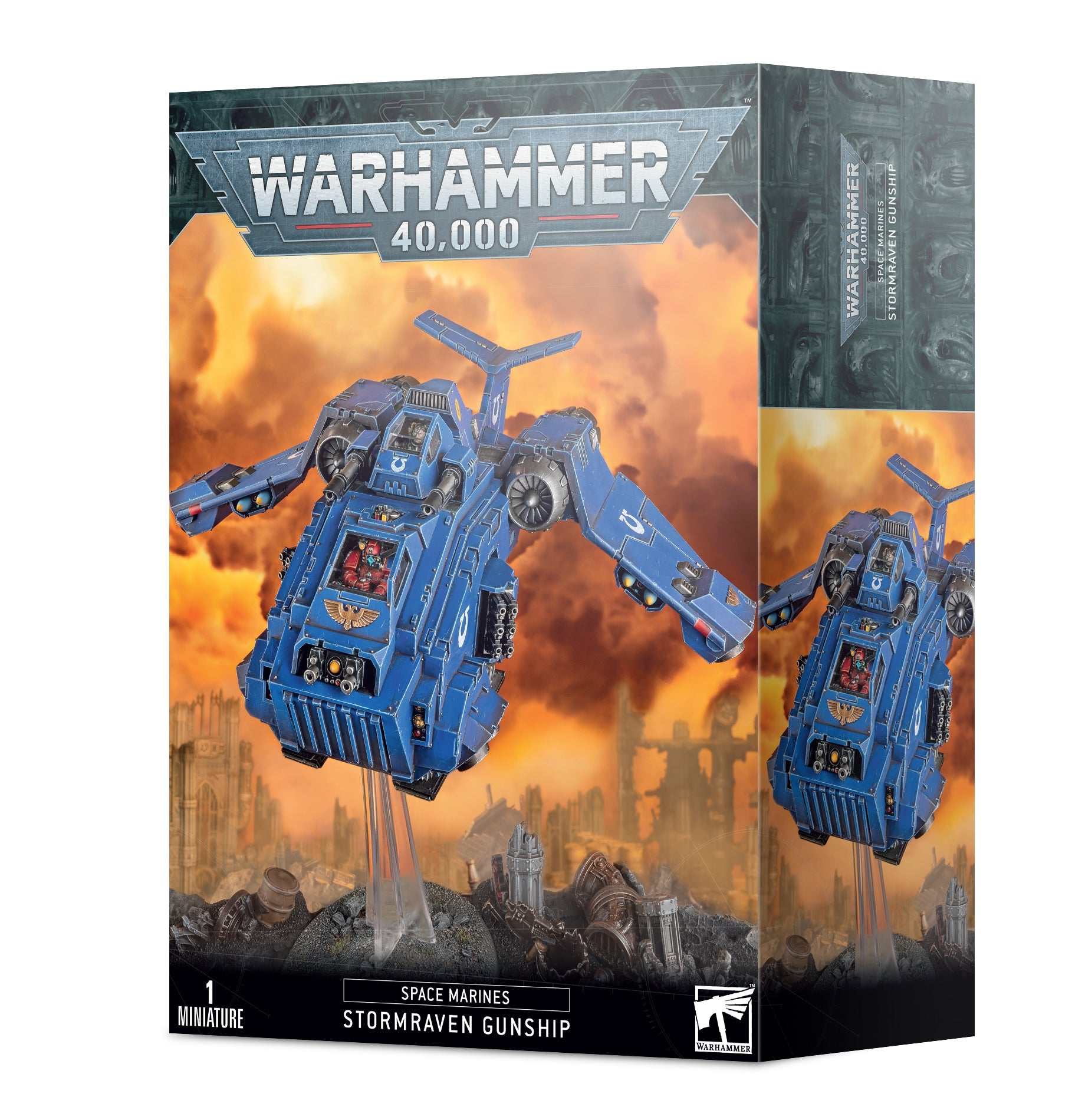 Warhammer 40000 Space Marines Stormraven Gunship model kit with detailed components and display base.