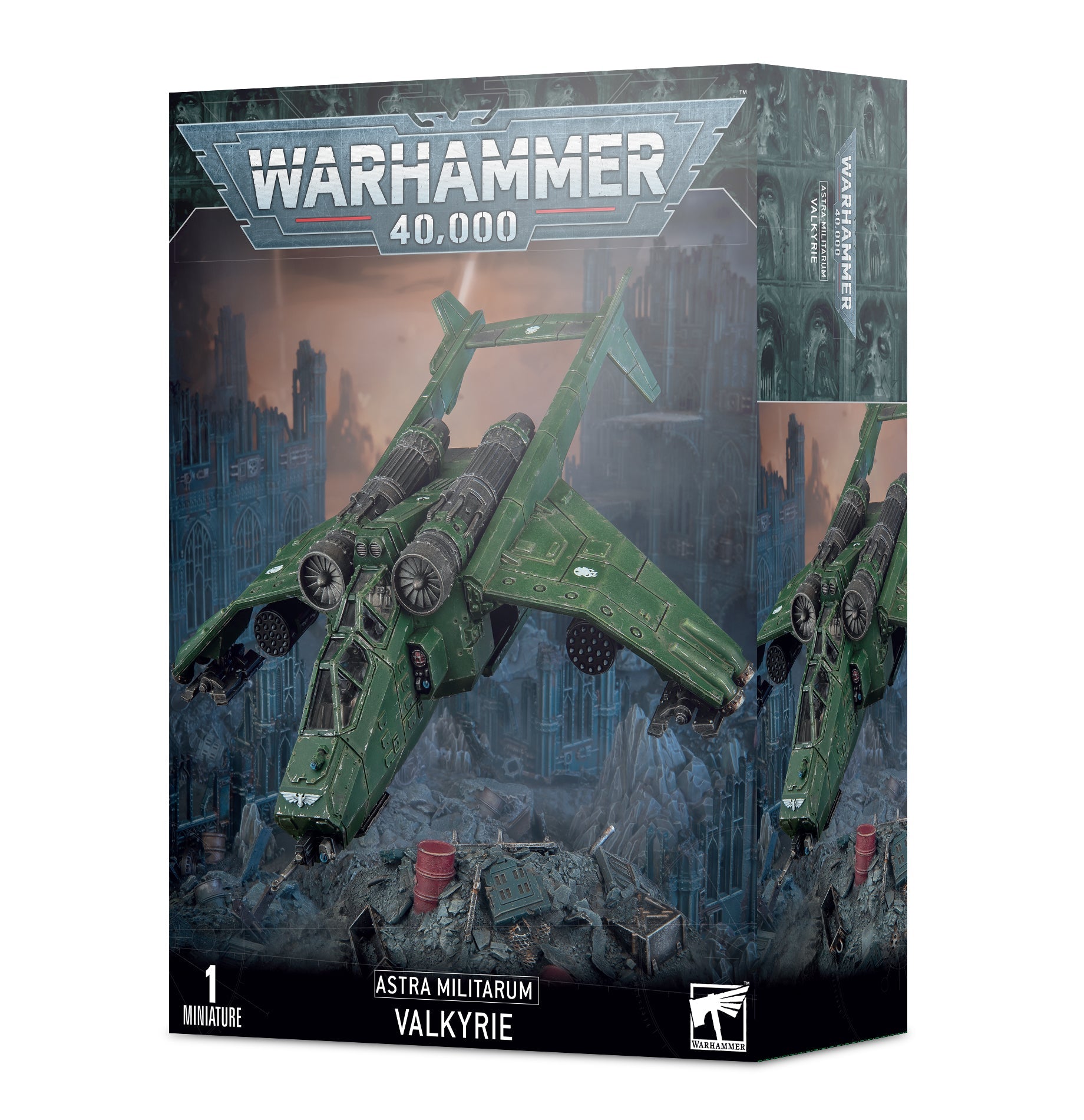 Warhammer 40000 Astra Militarum Valkyrie model kit with components and transfer sheet.