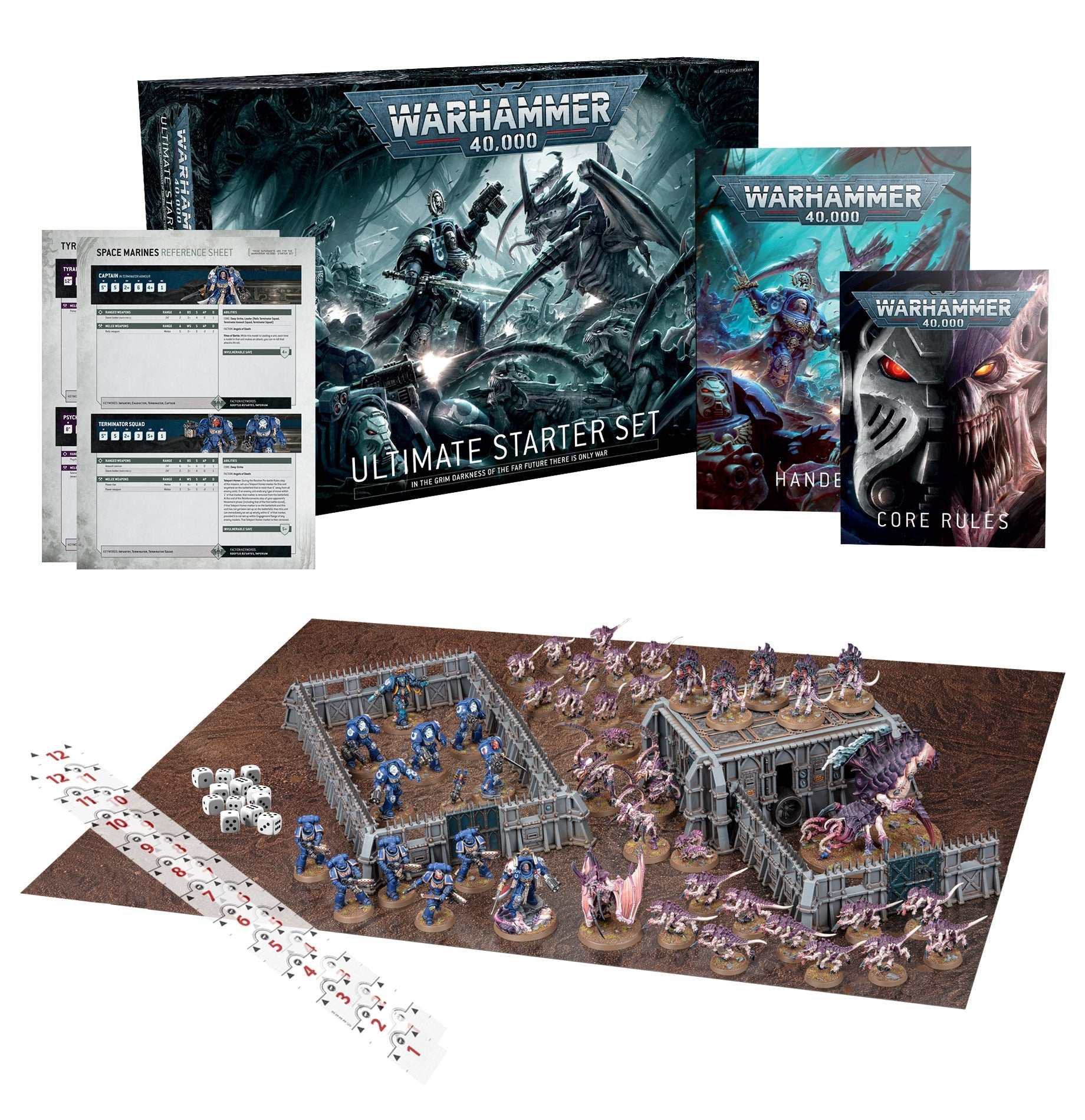 Warhammer 40000 Ultimate Starter Set with handbooks, miniatures, terrain pieces, and gaming accessories.