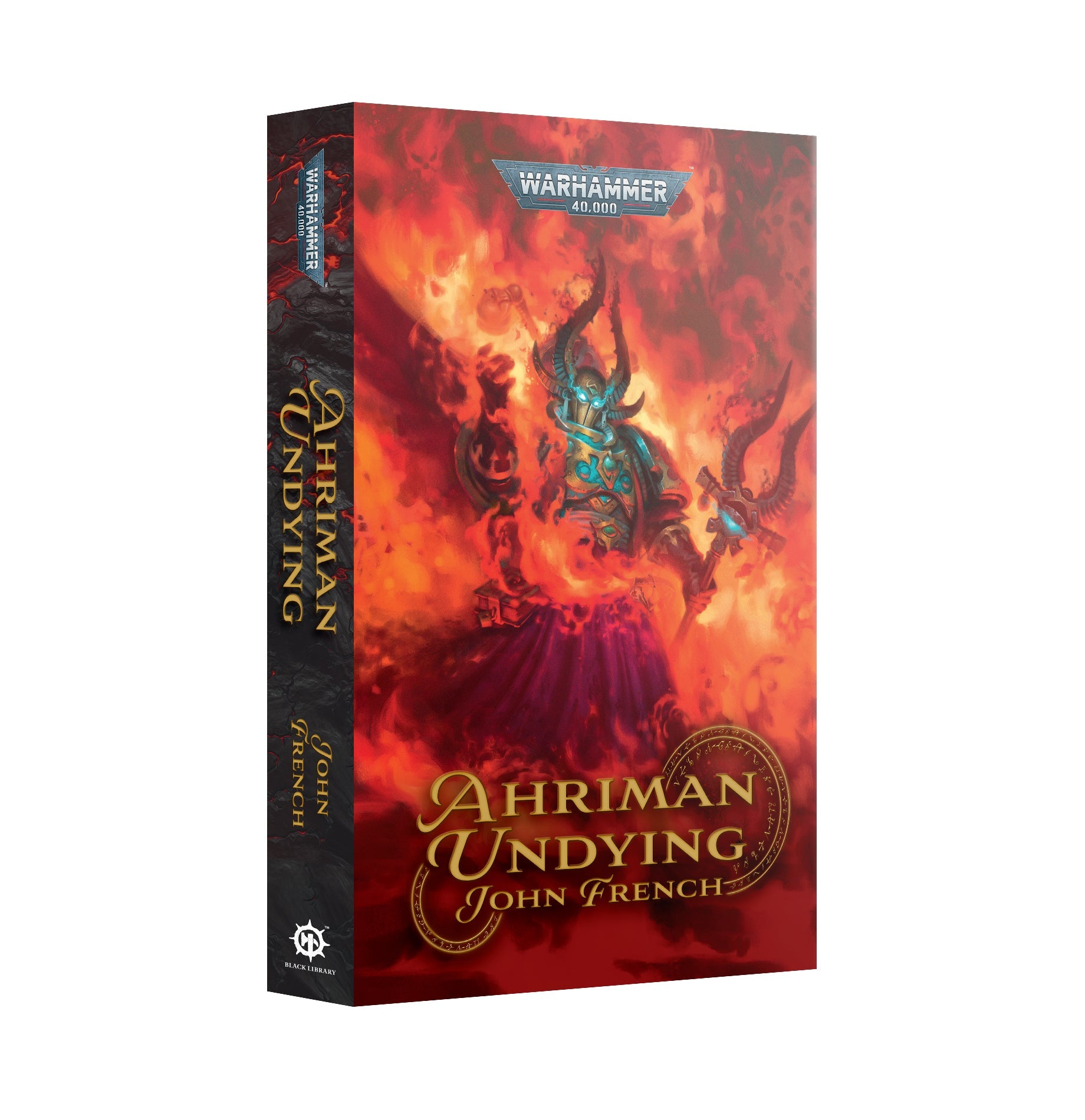 Ahriman: Undying paperback cover art with fiery background.