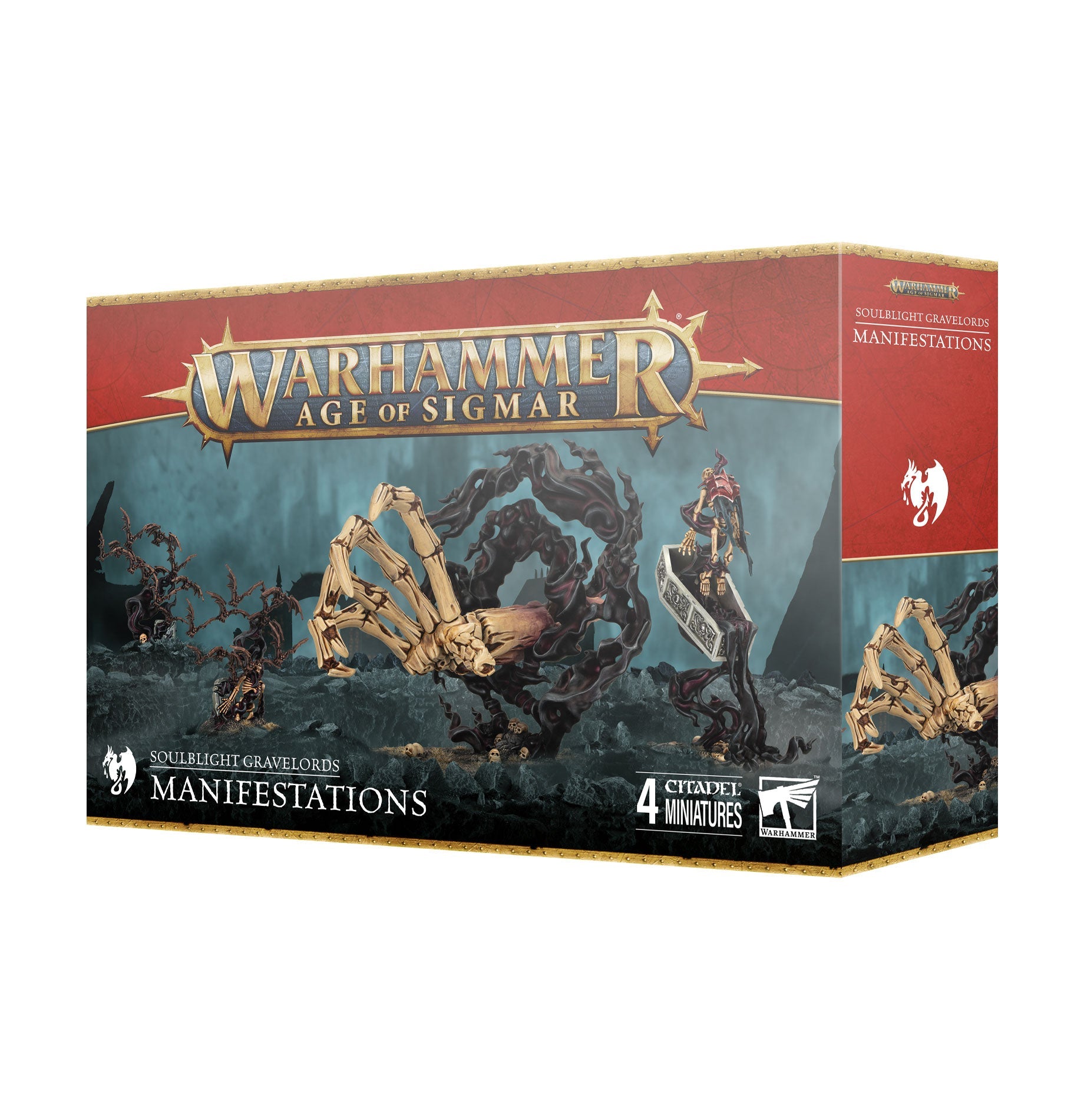 Soulblight Gravelords: Manifestations box set with miniatures for Age of Sigmar, featuring the Hand of Nagash, Unholy Reliquary, and Sanguine Swarm.