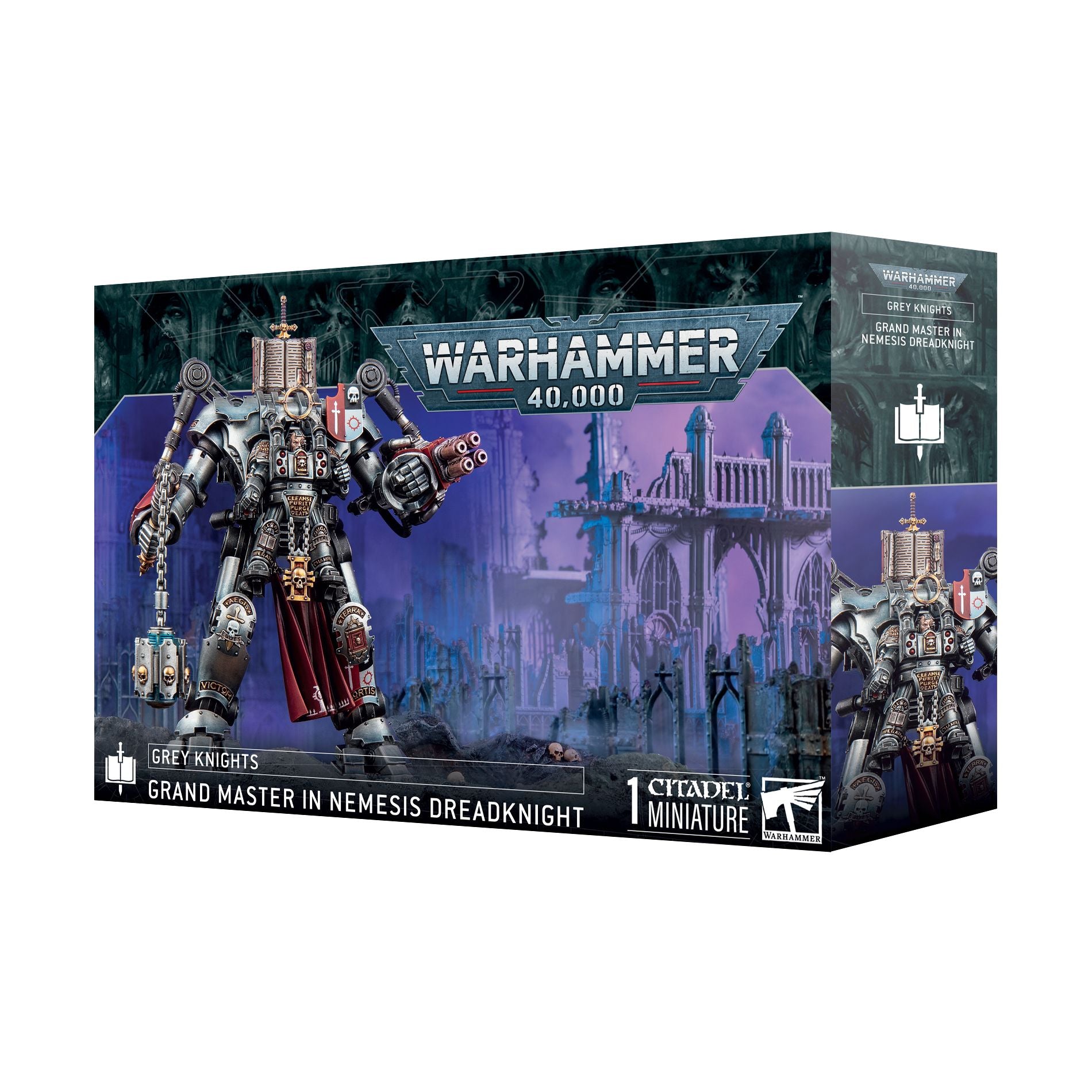 Grey Knights Grandmaster in Nemesis Dreadknight from Games Workshop, detailed miniature figure with armor and weaponry.