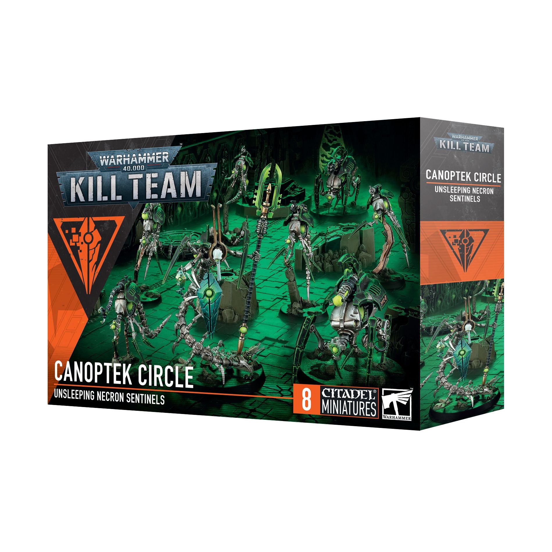 Close-up of the Kill Team Canoptek Circle Necrons model by Games Workshop, showing detailed metallic Necron robotic design.