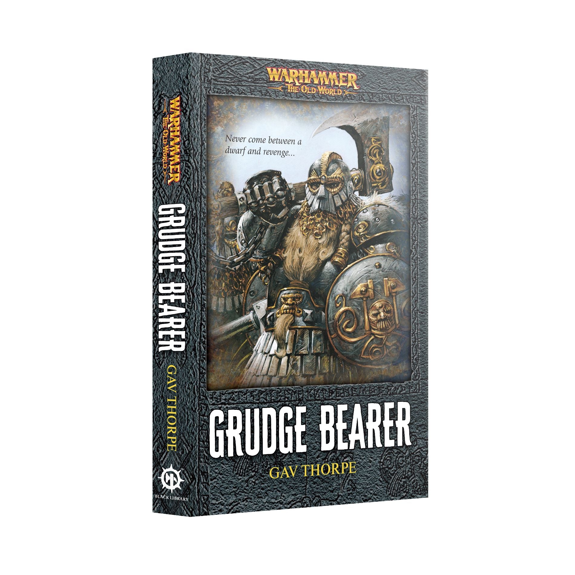 Black Library Grudge Bearer (PB) book cover featuring dark, detailed artwork of a fierce character with a weapon in a gritty setting.