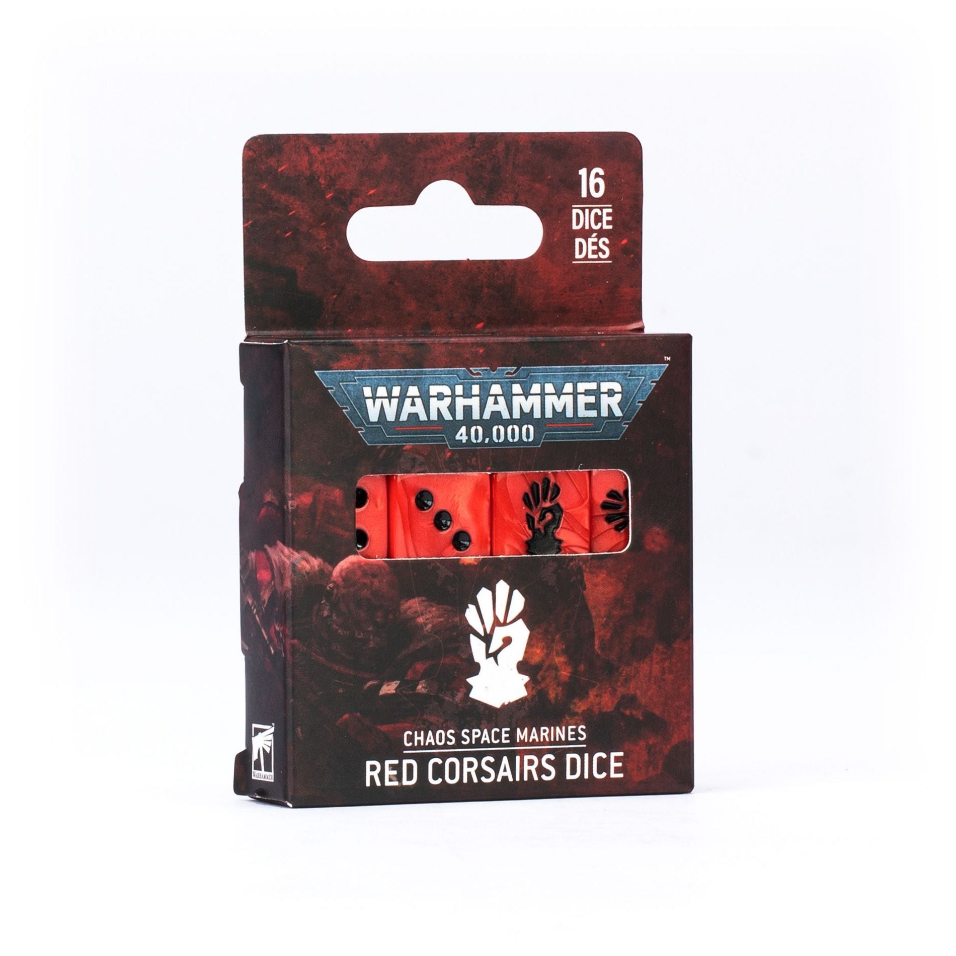 Red Corsairs Dice set for Chaos Space Marines by Games Workshop, featuring red and black design with faction symbols.