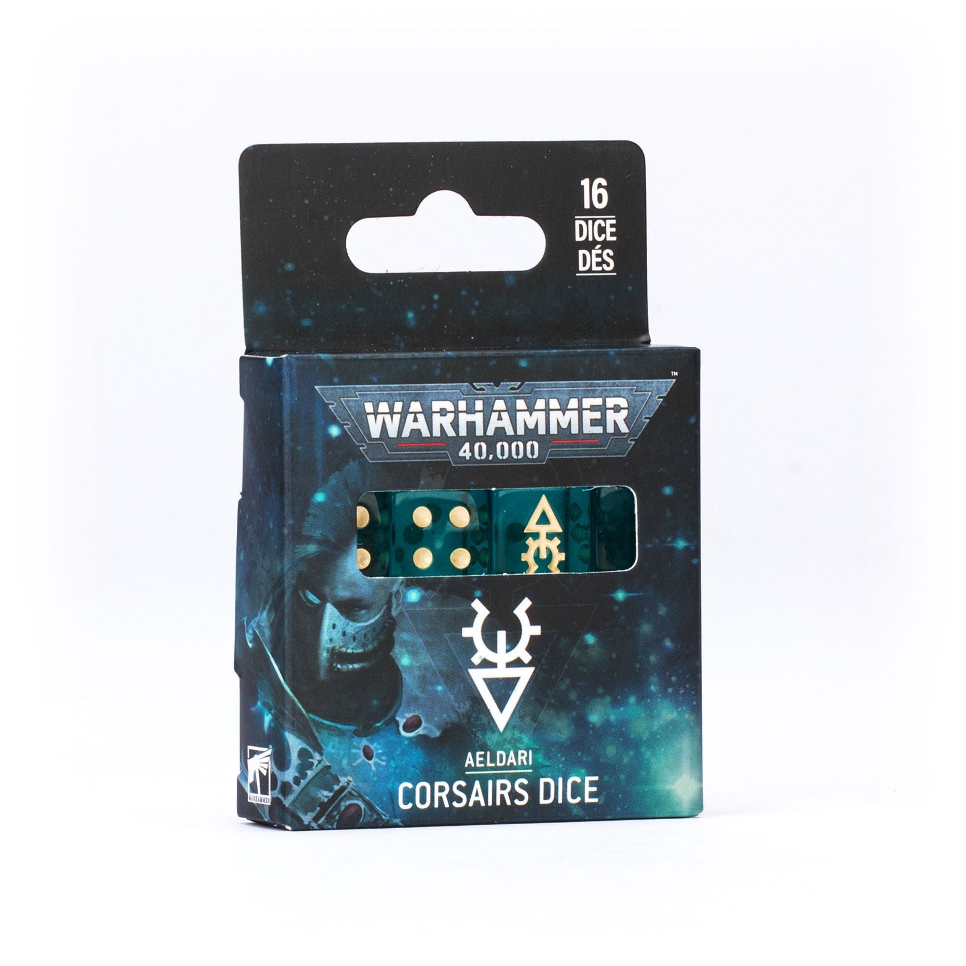 Aeldari Corsairs Dice set from Games Workshop with black and gold numbered gaming dice for Warhammer 40K tabletop games.