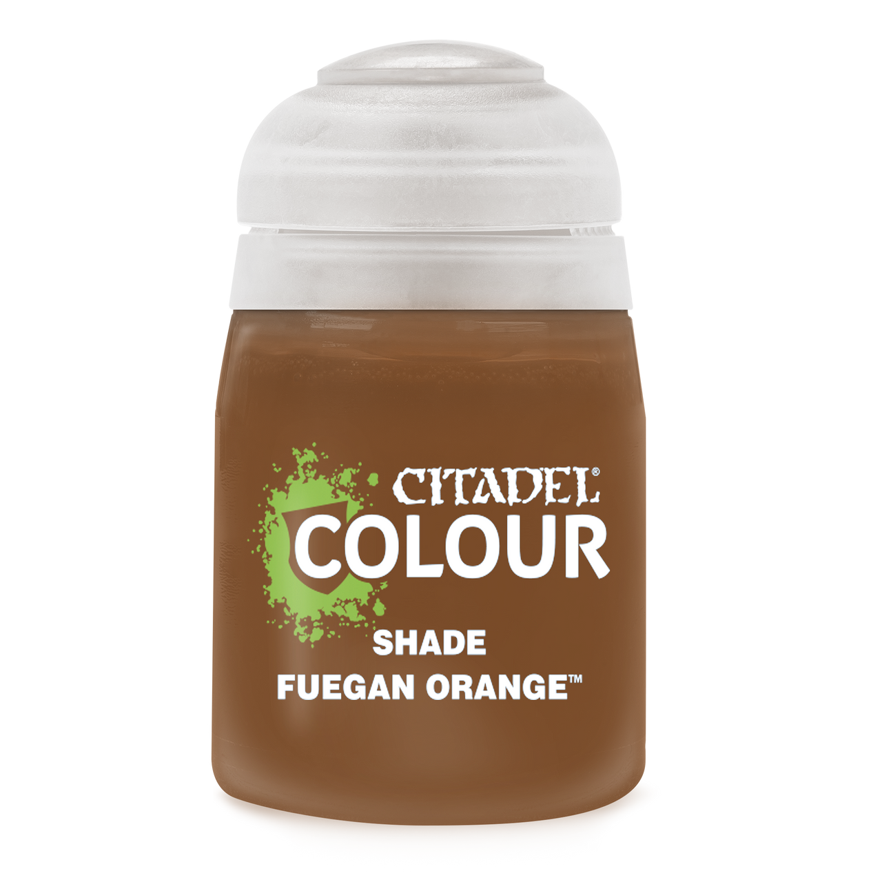 Citadel Colour Fuegan Orange shade paint bottle, vibrant orange pigment for miniature and model painting applications.