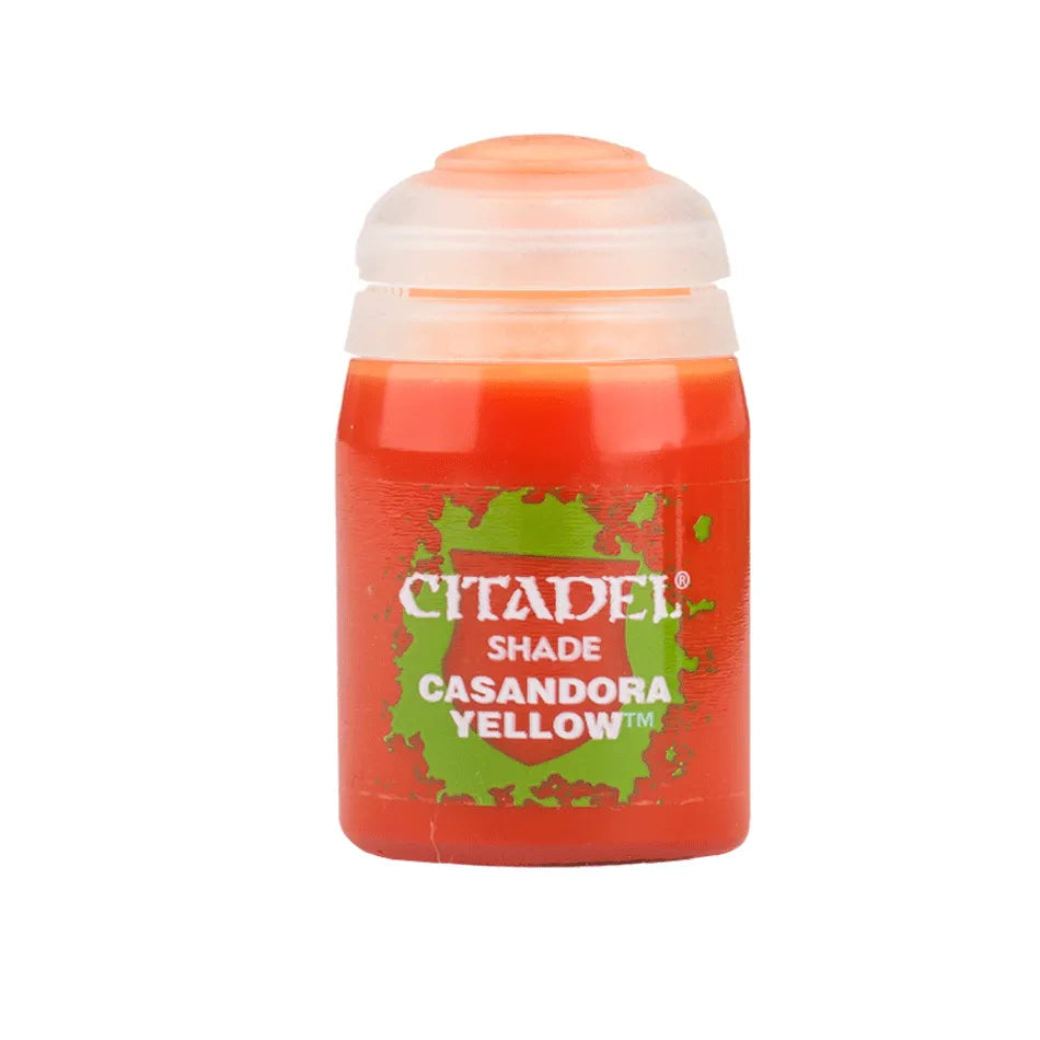 Citadel Colour Casandora Yellow shade paint bottle, vibrant yellow acrylic paint for miniature and model painting.