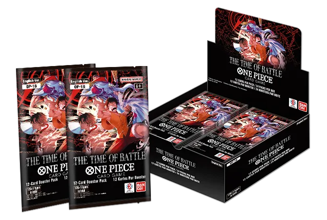 Bandai One Piece OP-16 The Time of Battle booster box with colorful artwork and packaging featuring characters from the One Piece series.