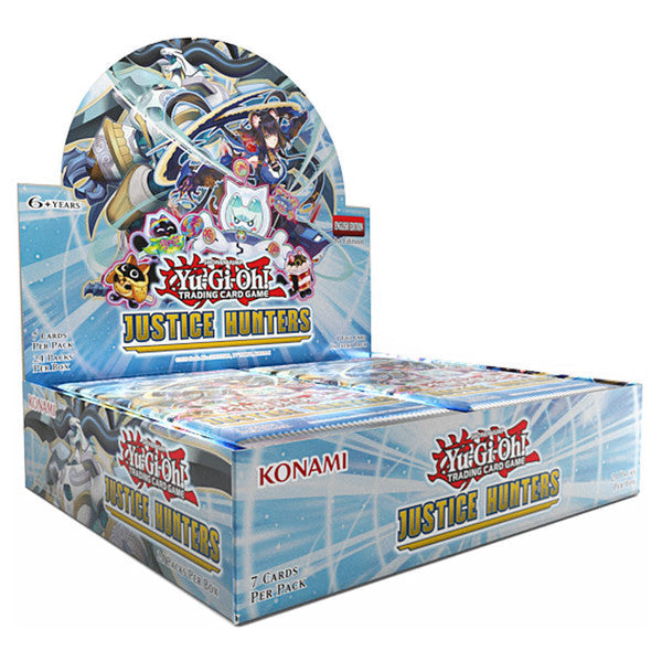 Yu-Gi-Oh!: Justice Hunters Booster Display box showcasing new card themes and rare upgrades, preordering for August 2025.