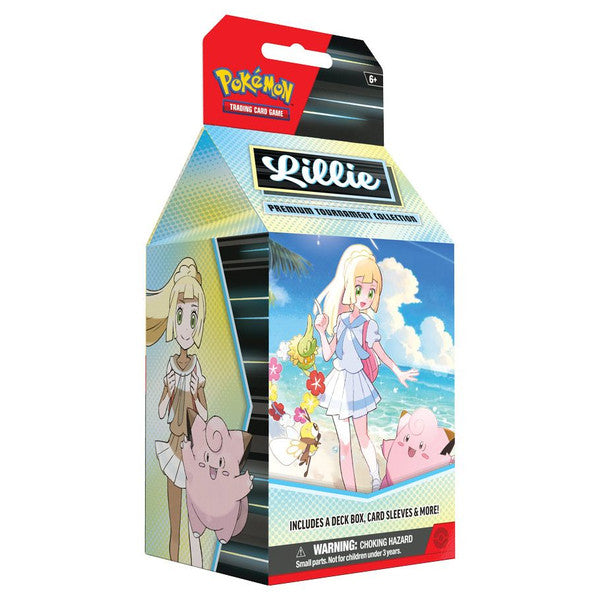 Pokémon TCG: Lillie Premium Tournament Collection box with Lillie artwork and Clefairy ex promo card.