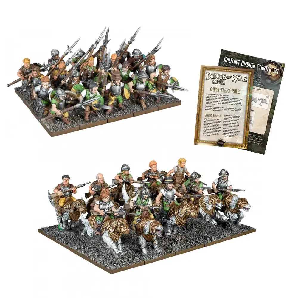 Halflings Ambush Starter Set with Spearspikes Regiment, Wild Runners, Ambush Starter Book, and MDF Unit Bases.