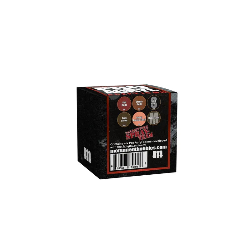 AdeptiCon Paint Set by Monument Hobbies featuring 22ml bottles in colors: Red Oxide, Orange Oxide, Satin Black, Drab Brown, Bright Shadow Flesh, Magnesium.
