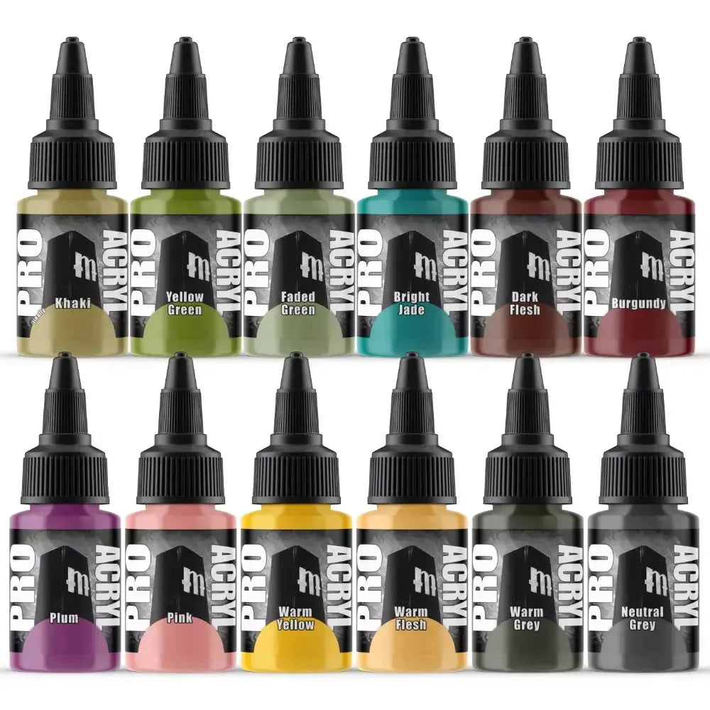 Monument Hobbies Pro Acryl Expansion Set #4, featuring 12 new paint colors in 22ml bottles, including Yellow Green, Faded Green, Bright Jade, and more.