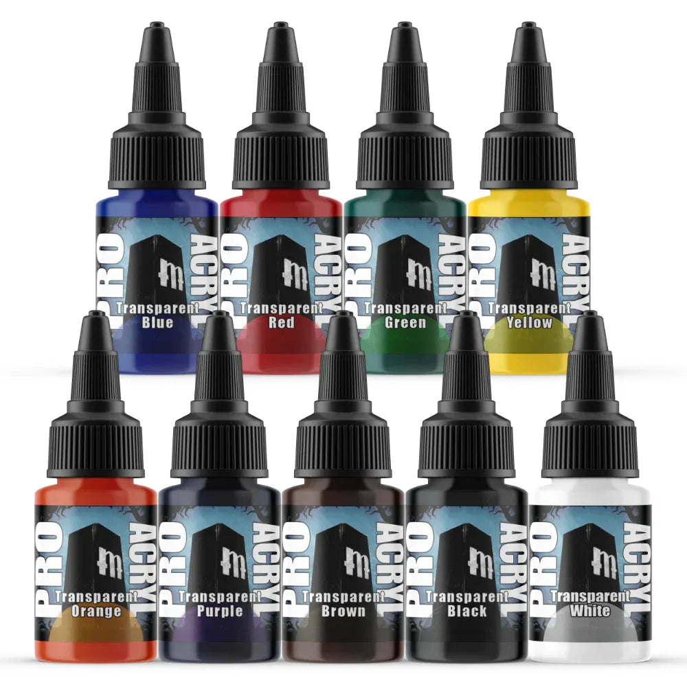 Monument Hobbies Pro Acryl Expansion Set #2 with 9 transparent acrylic paint colors in 22ml bottles.