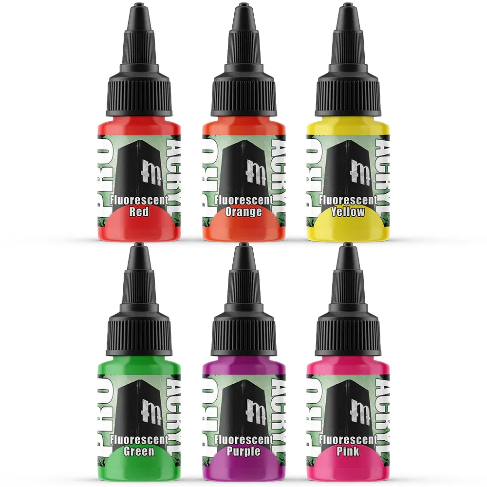 Monument Hobbies Pro Acryl Fluorescents Paint Set in vibrant colors with no-clog cap design, 22ml bottles.