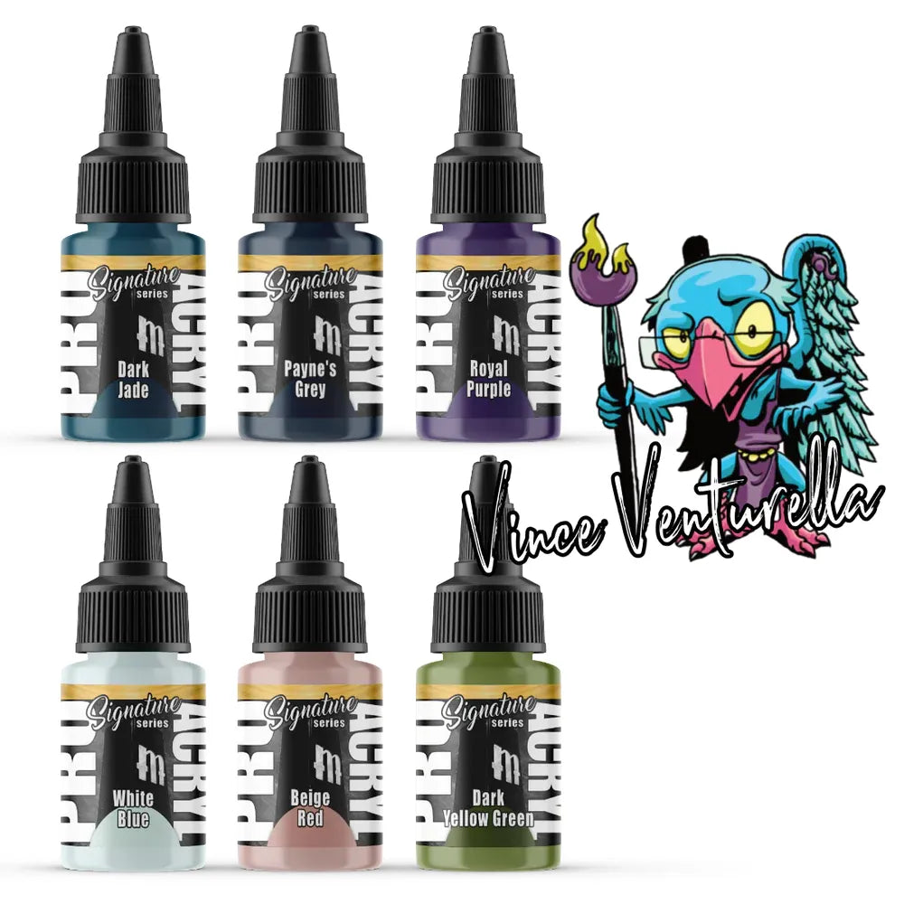 Monument Hobbies Signature Series Set 1 paint bottles with Vince Venturella artwork, featuring Dark Jade, Payne's Grey, Royal Purple, White Blue, Beige Red, and Dark Yellow Green.