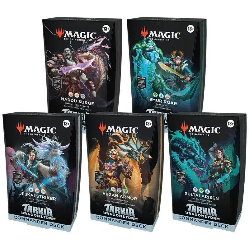 Set of five MTG Tarkir: Dragonstorm Commander Decks featuring diverse clan leaders and Spirit Dragons.