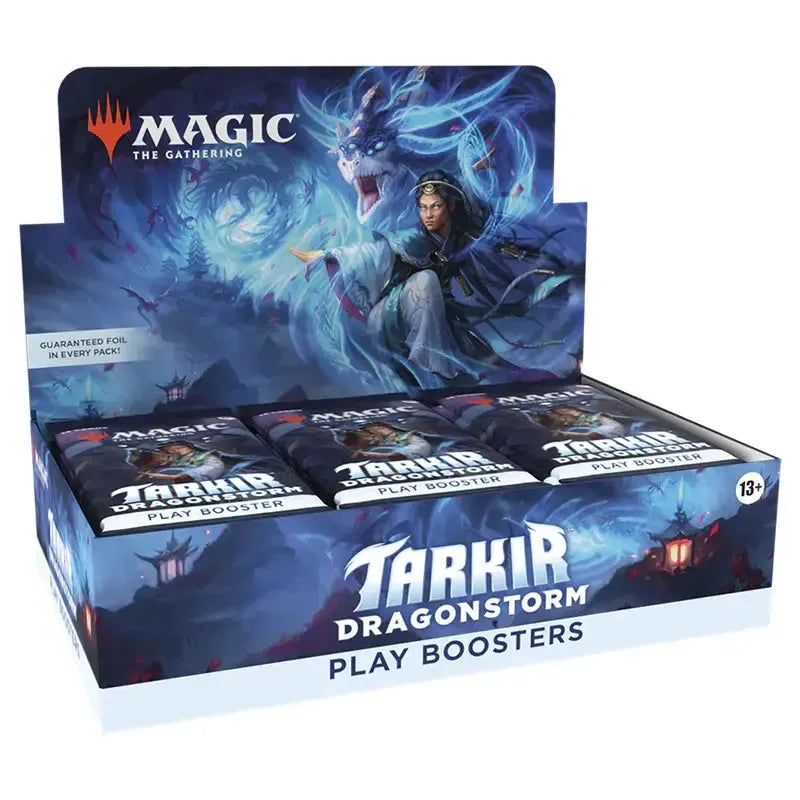 Tarkir: Dragonstorm Play Booster Box featuring Magic: The Gathering cards and dragon-themed artwork.