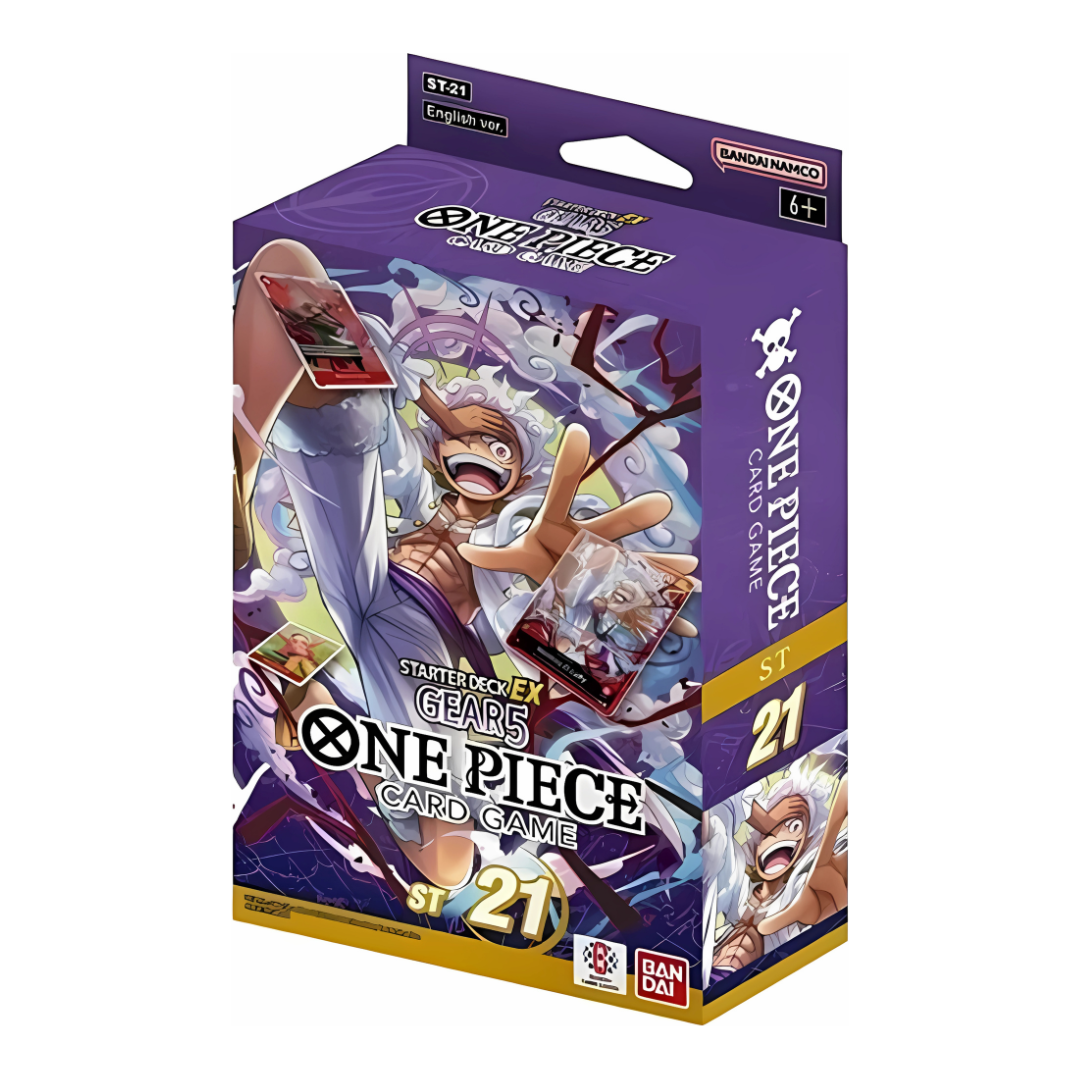 Ultra Deck Ex Gear 5 Display featuring Luffy's GEAR5 form and Straw Hat Crew from One Piece TCG.
