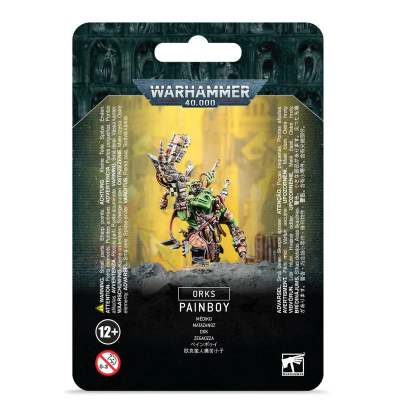 Ork Painboy miniature with Dok's tools and 'urty syringe on 32mm base.