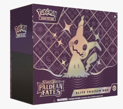 Pokemon: Paldean Fates Elite Trainer Box with Shiny Mimikyu design.
