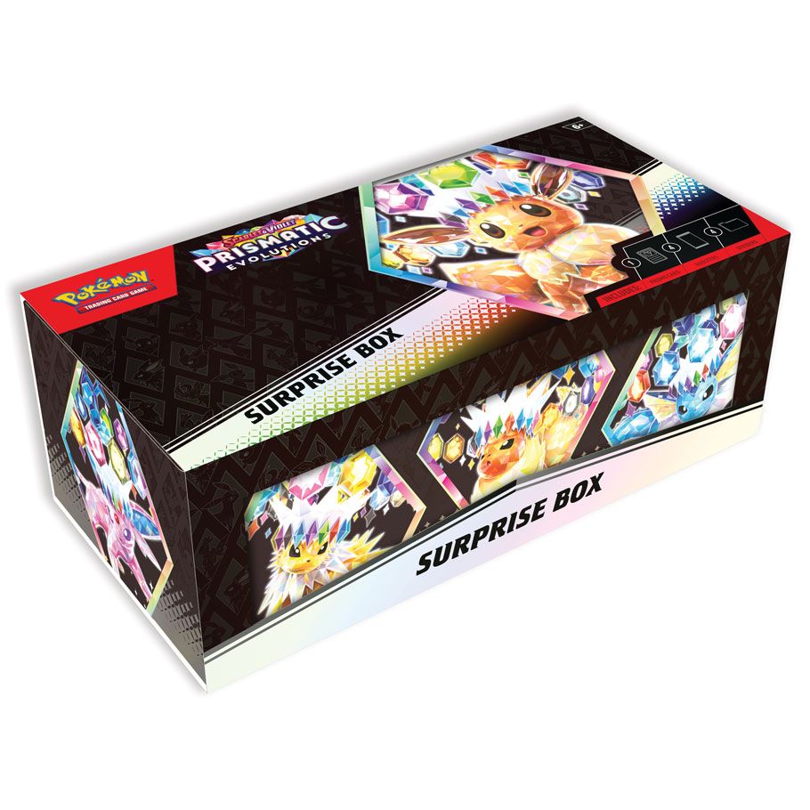 Pokemon TCG Prismatic Evolutions Surprise Box featuring Eevee promo card and booster packs.