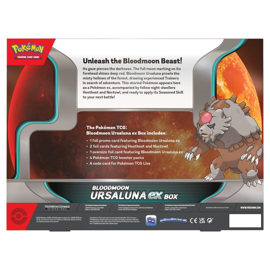 Pokémon TCG Bloodmoon Ursaluna ex Box featuring promo cards and booster packs.