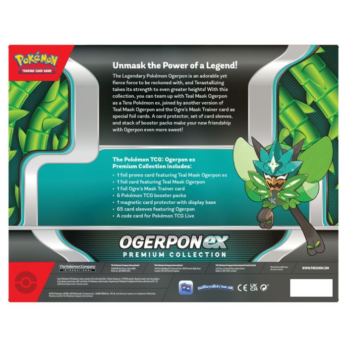 Pokémon TCG: Ogerpon ex Premium Collection box packaging with included items list.