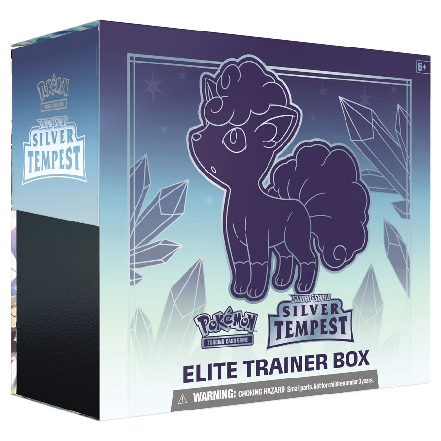 Pokemon Sword & Shield Silver Tempest Elite Trainer Box with Alolan Vulpix design.