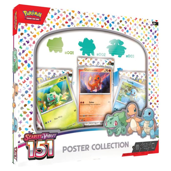 Pokemon Scarlet & Violet 151 poster collection with Bulbasaur, Charmander, and Squirtle promo cards.