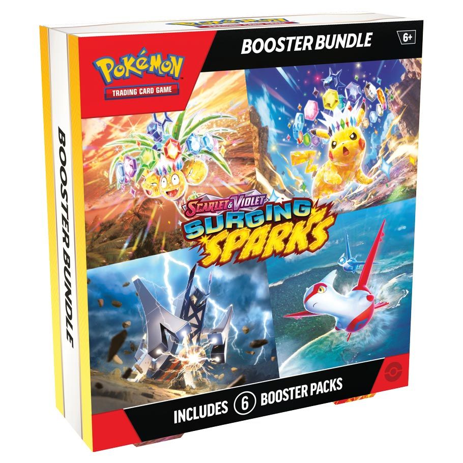 Pokémon TCG: Scarlet & Violet 8: Surging Sparks Booster Bundle box with dynamic Pokémon illustrations.