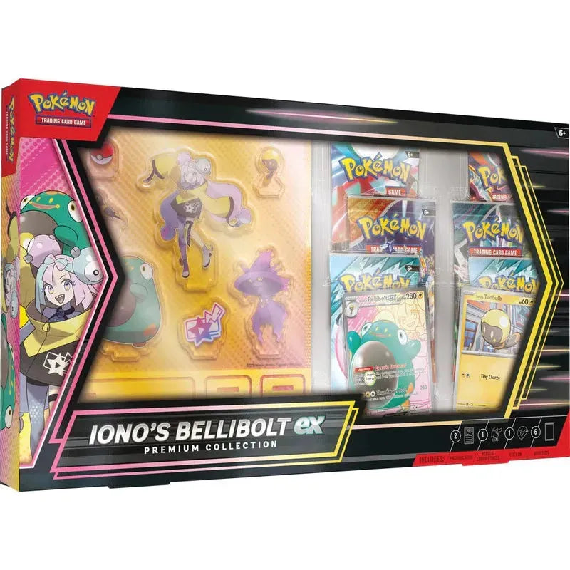 Iono’s Bellibolt ex Premium Collection box with Pokemon TCG items and booster packs.