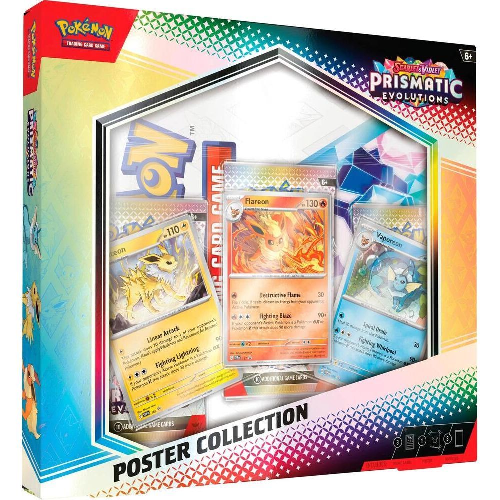 Pokemon TCG: Prismatic Evolutions Poster Collection with foil promo cards of Flareon, Vaporeon, and Jolteon.