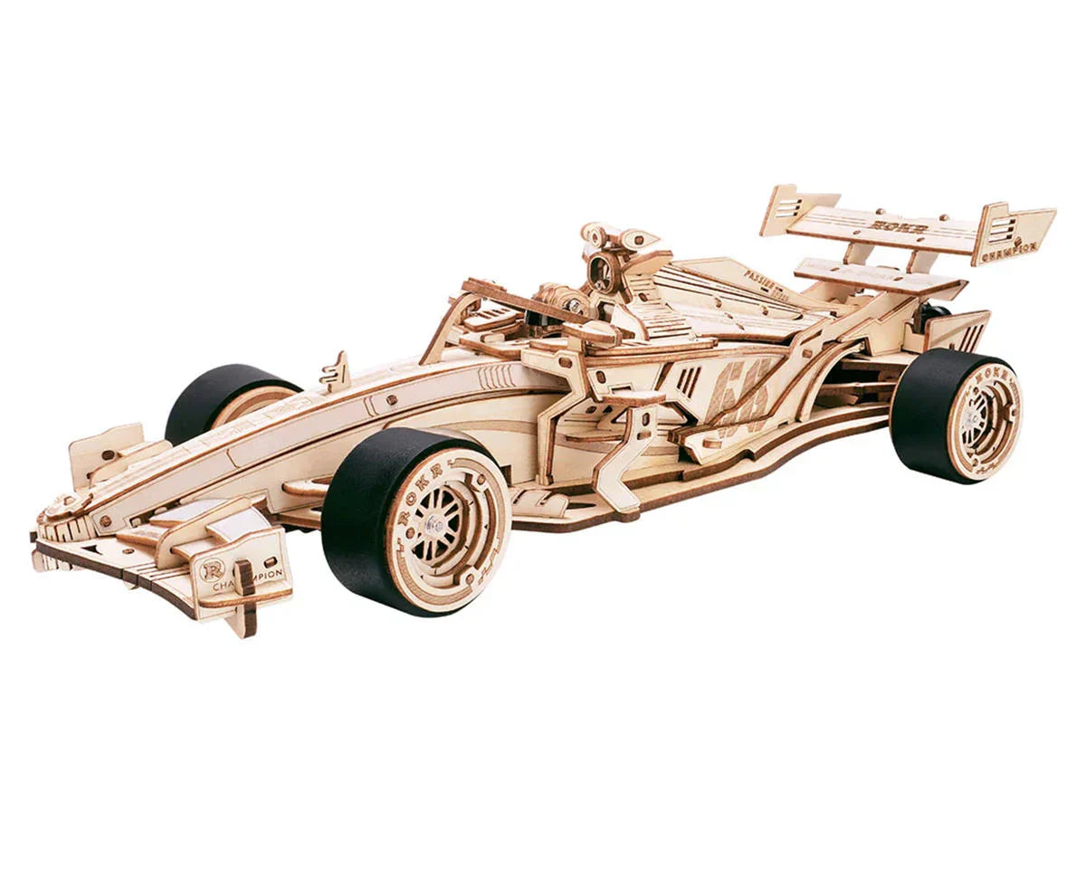 F1 Racing Car Model Kit with wooden construction, featuring mechanical gears, streamlined wing, and rear spoiler.