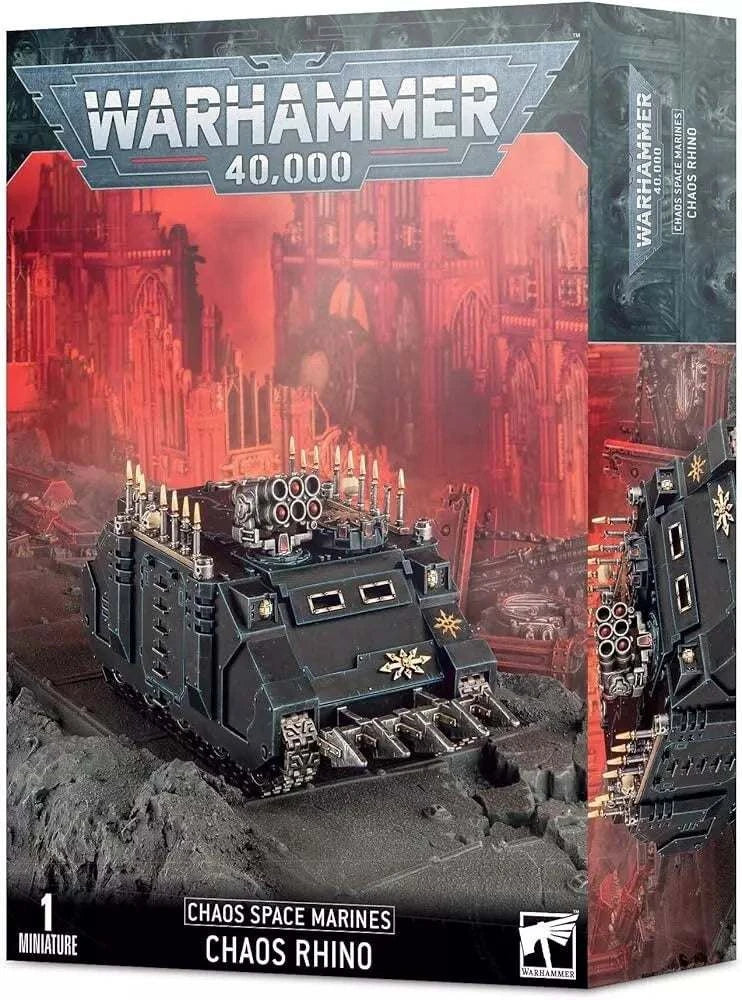 Warhammer 40000 Chaos Space Marines Chaos Rhino model kit with icons and armor options.
