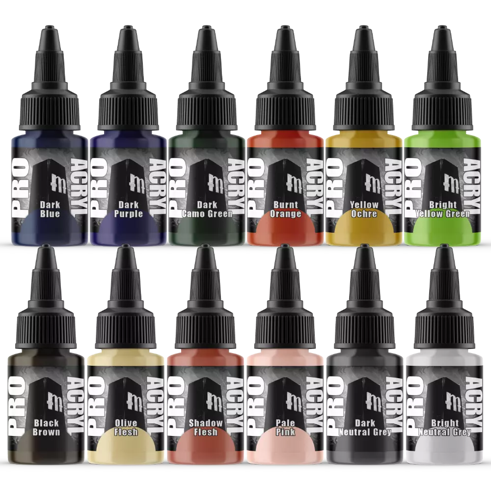 Monument Hobbies Pro Acryl Expansion Set #1 with 12 vibrant acrylic paint colors in 22ml bottles.