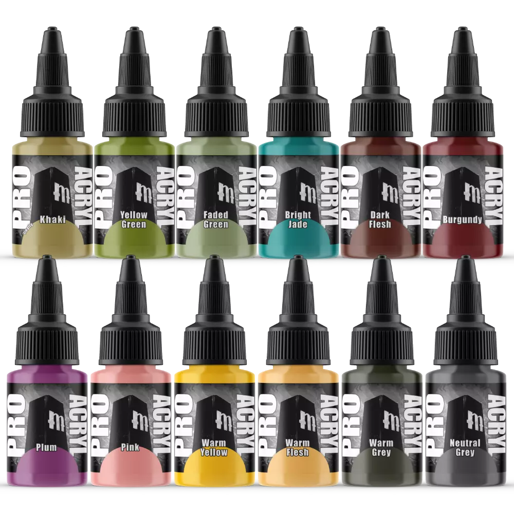 Monument Hobbies Pro Acryl Expansion Set #4, featuring 12 new paint colors in 22ml bottles, including Yellow Green, Faded Green, Bright Jade, and more.