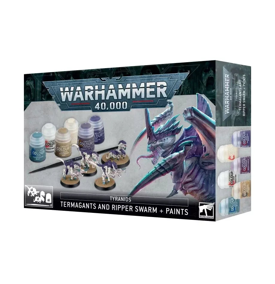 Warhammer 40000 Tyranids Termagants and Ripper Swarm Paint Set with brushes and six Citadel Colour paints.