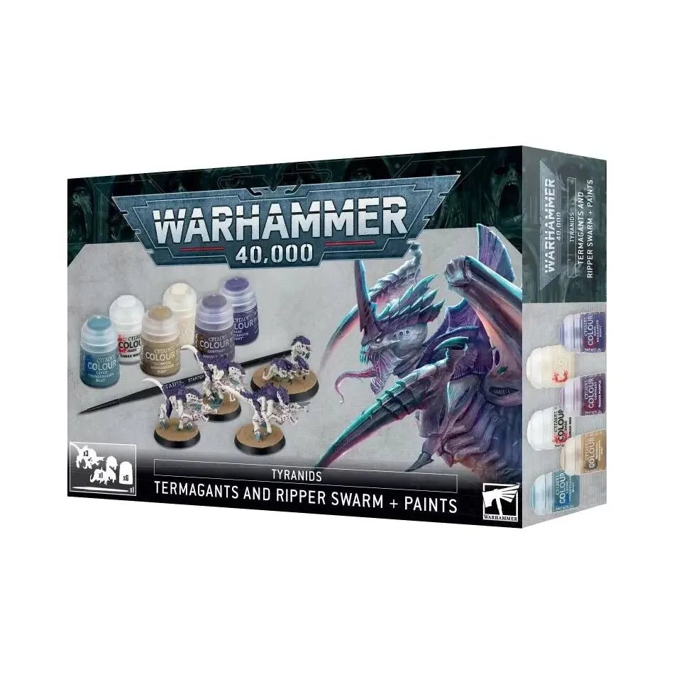 Warhammer 40000 Tyranids Termagants and Ripper Swarm Paint Set with brushes and six Citadel Colour paints.
