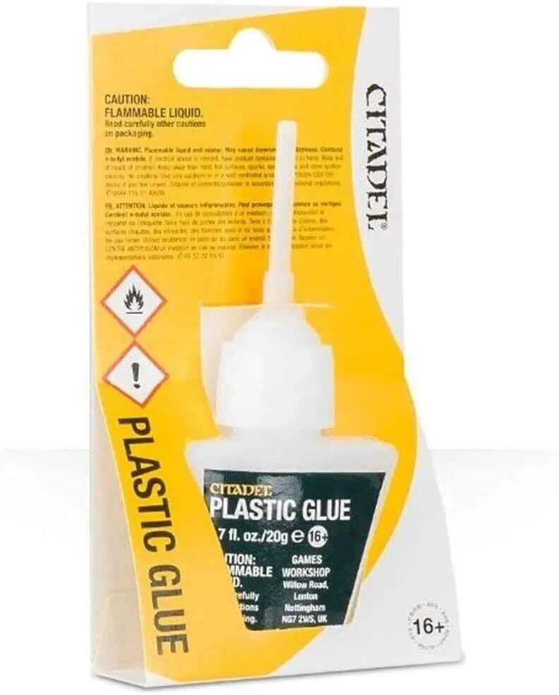 Citadel Plastic Glue 0.7 FL OZ packaging with yellow and white design.