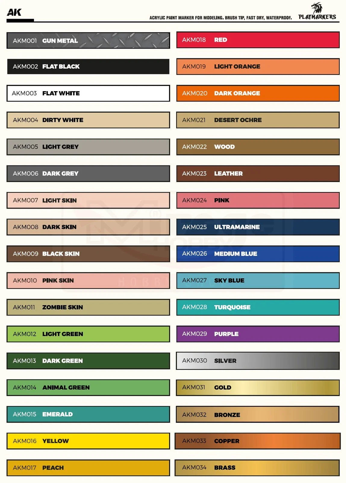 AK-Interactive Playmarkers special box set, full range of 34 colors, displayed in chart format.