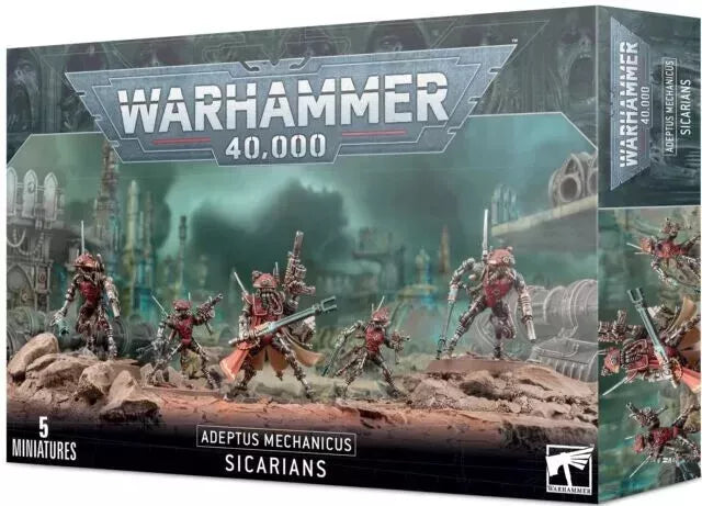 Sicarians Adeptus Mechanicus Warhammer 40K box with 5 Citadel Miniatures.