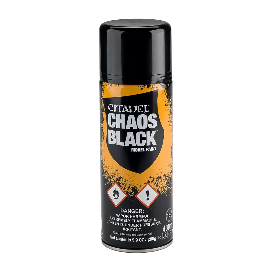 Citadel Chaos Black Spray Paint can, 400ml, model paint.