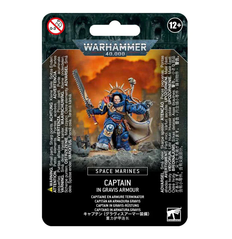 Captain in Gravis Armour Space Marine miniature kit with accessories and base.