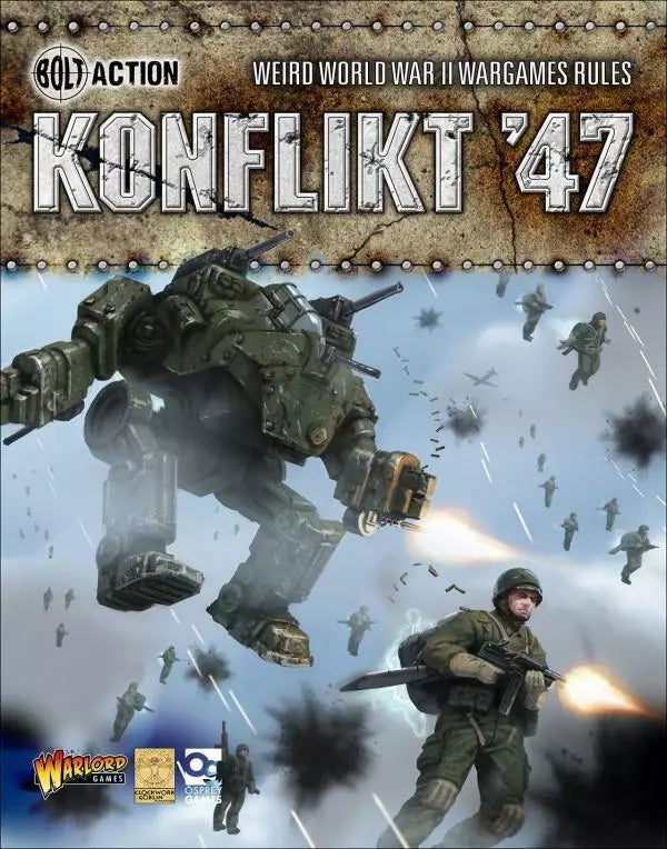Bolt Action Warlord Konflict '47 Rulebook cover featuring soldiers and mechanical walker.