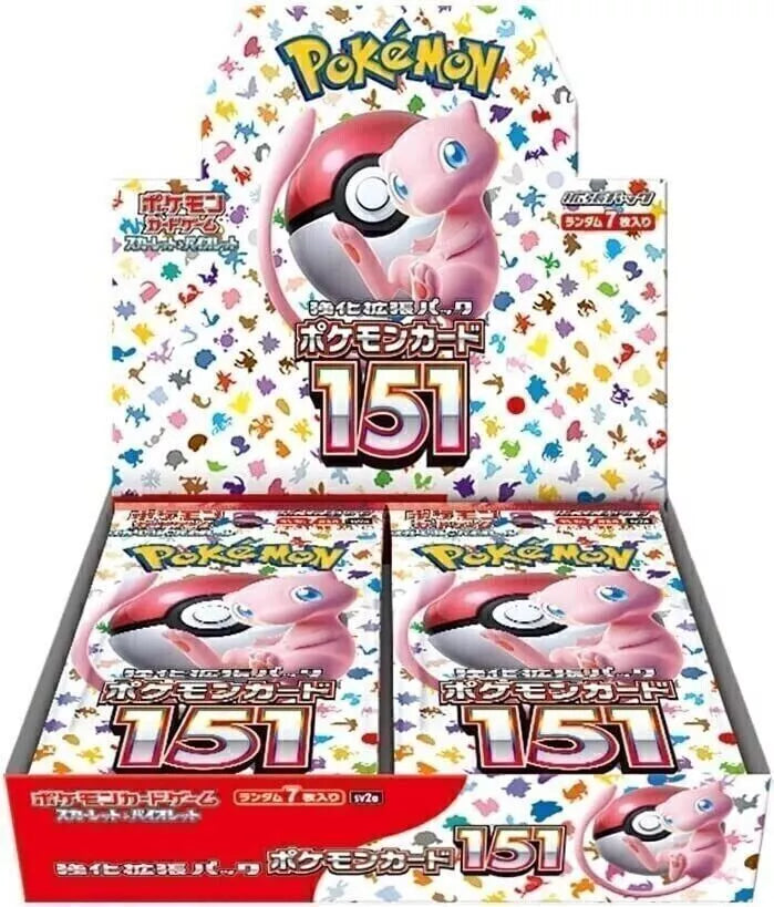 Pokemon TCG Japanese 151 Booster Box sealed with Mew artwork, containing 140 cards from Scarlet & Violet set.
