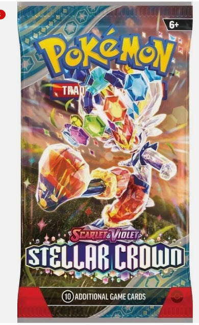 Pokemon Scarlet & Violet Stellar Crown booster pack with 10 cards.