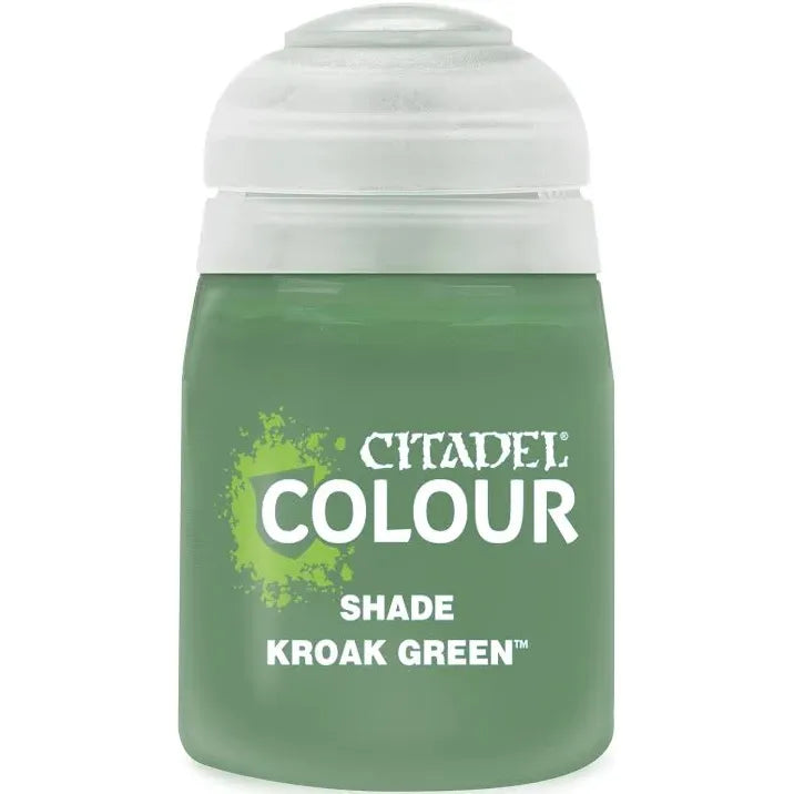 Kroak Green Shade Paint by Citadel Colour, a dark green shade for miniature painting, displayed in a small pot with color swatch.